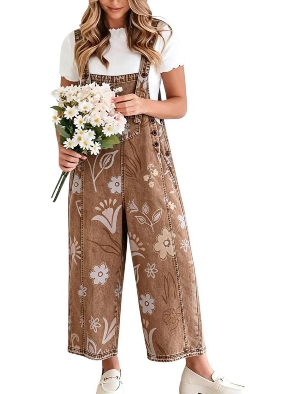 Women's Brown Baggy Floral Denim Bib Overalls Jeans Y2K Wide Leg Jumpsuits